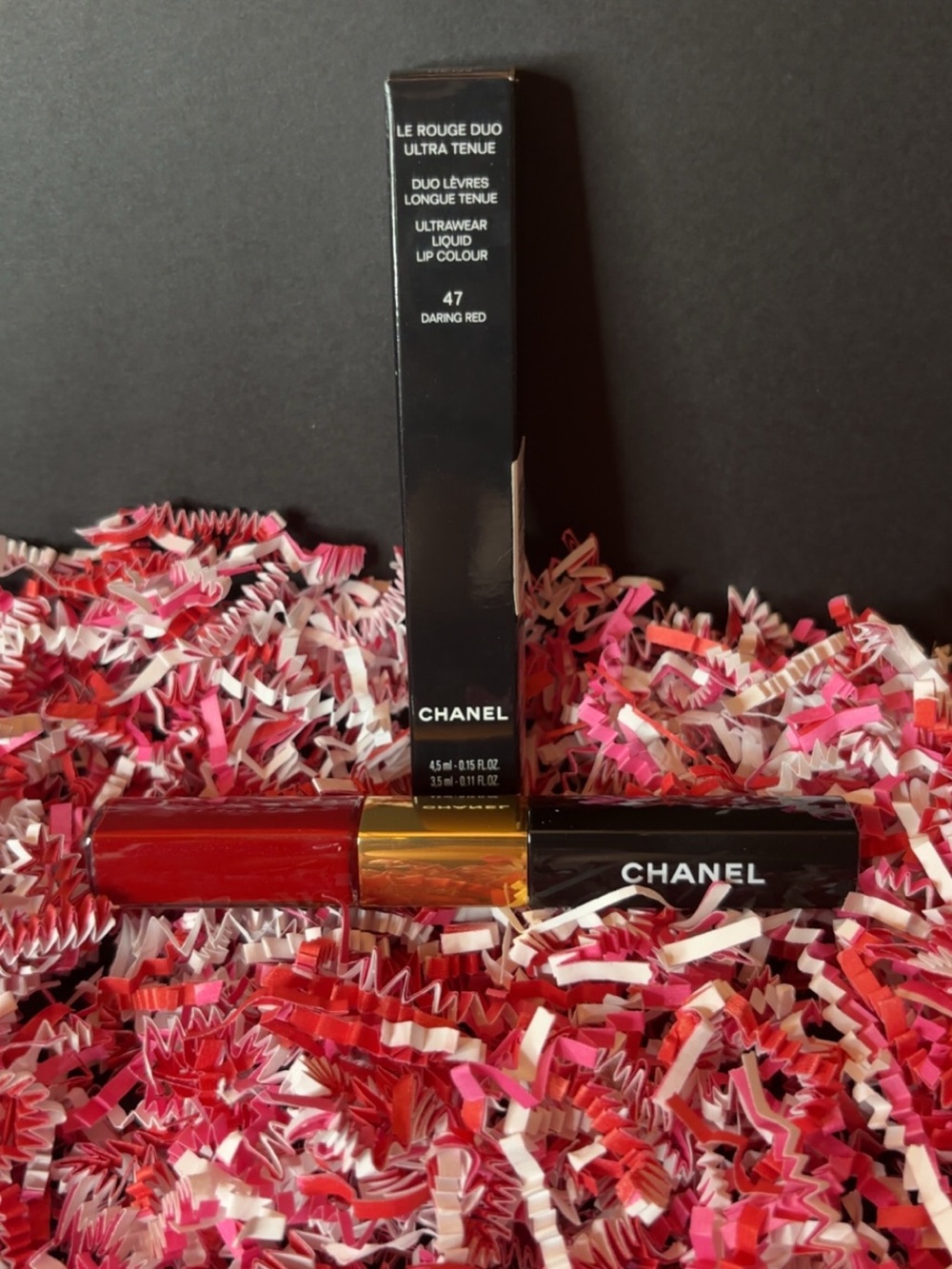 CHANEL Le Rouge Duo Ultra Tenue liquid lipstick in the shade 47 Daring Red.